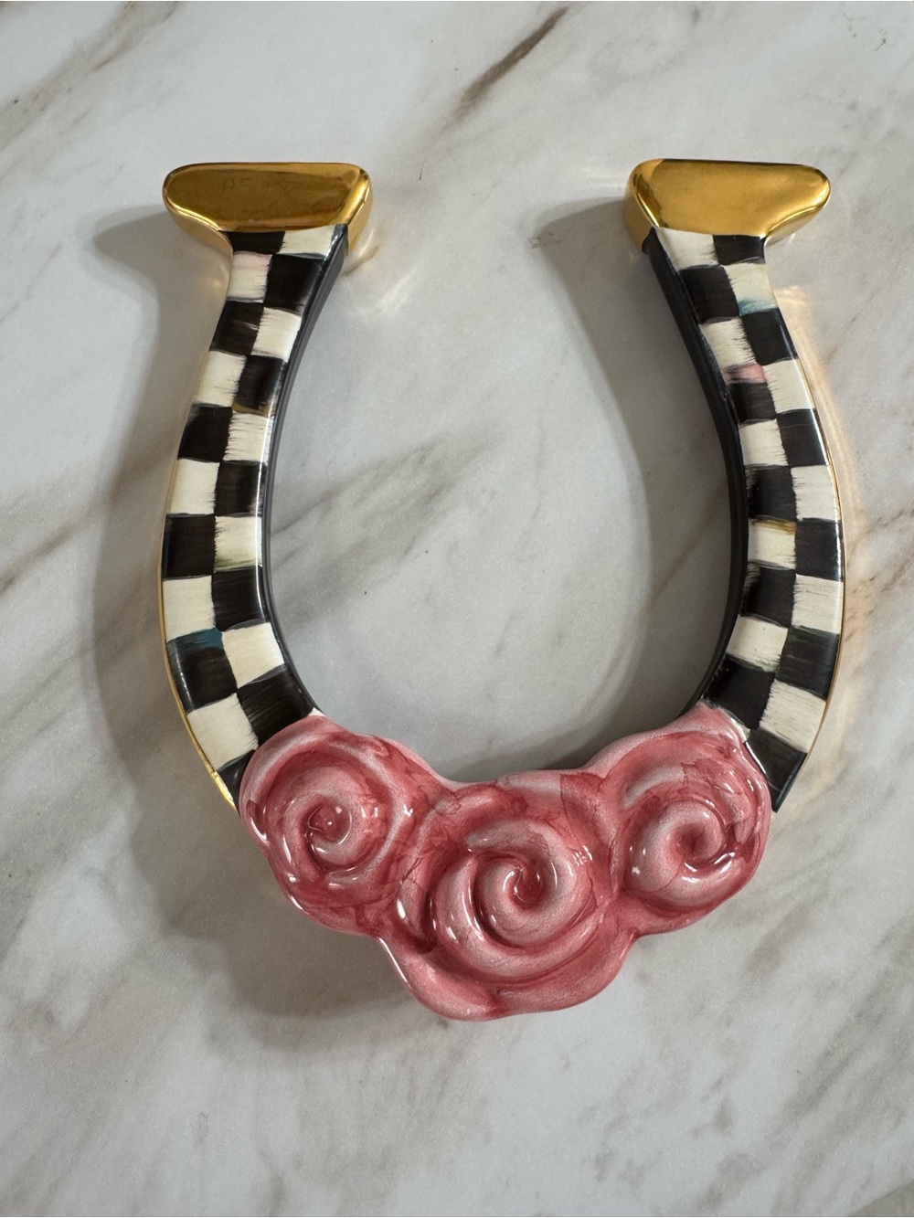 MacKenzie-Childs Courtly Check Horseshoe with Pink Rose and Gold Accents